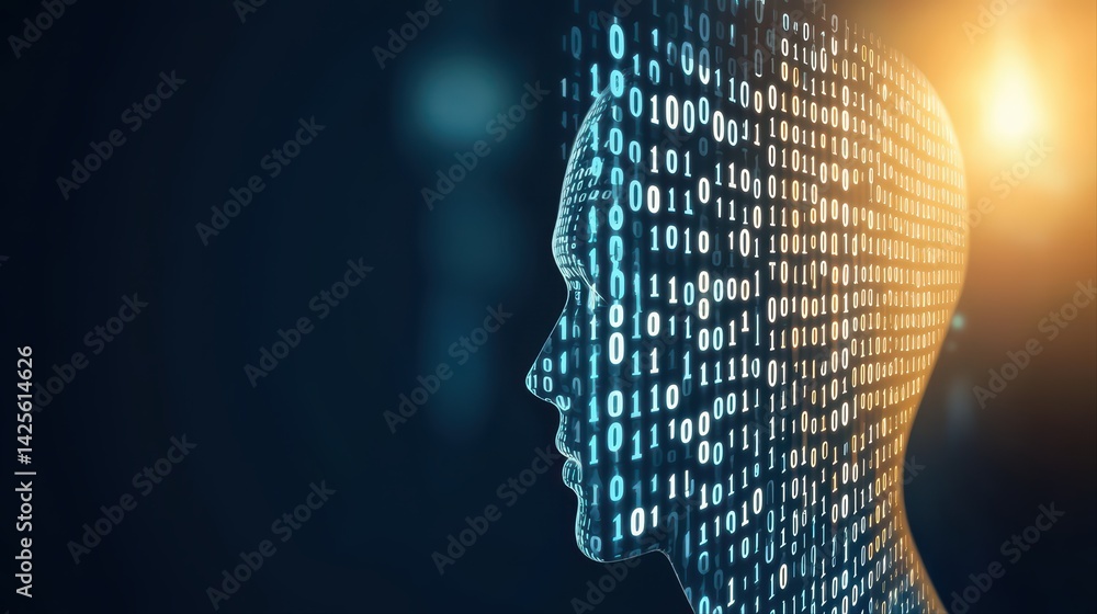 Poster digital human silhouette with binary code pattern on dark background