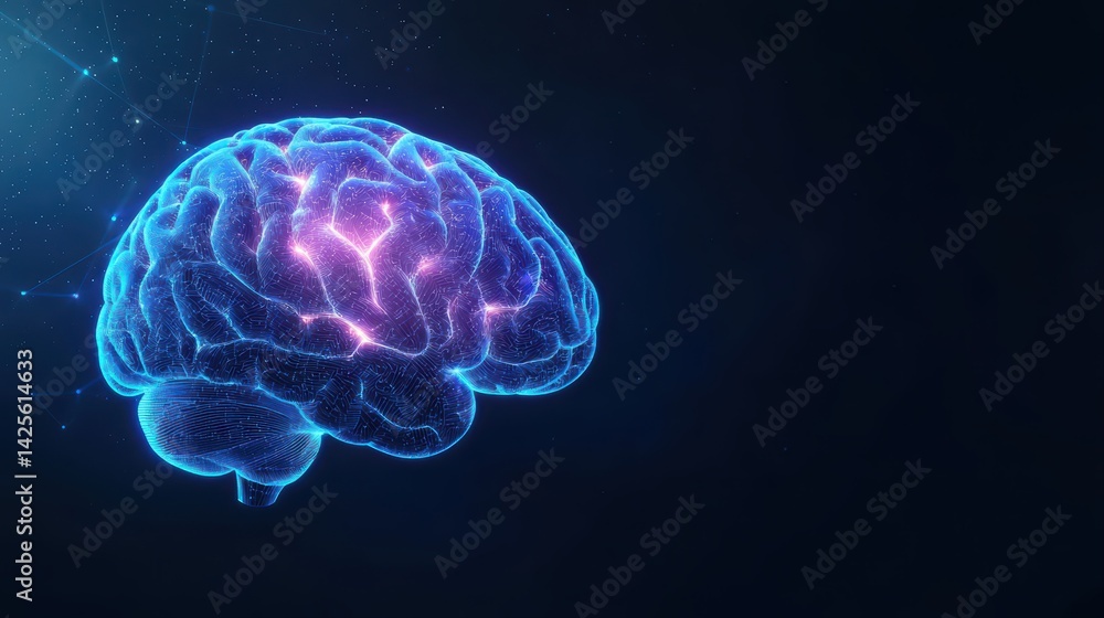 Poster blue neon brain with abstract connections and data streams