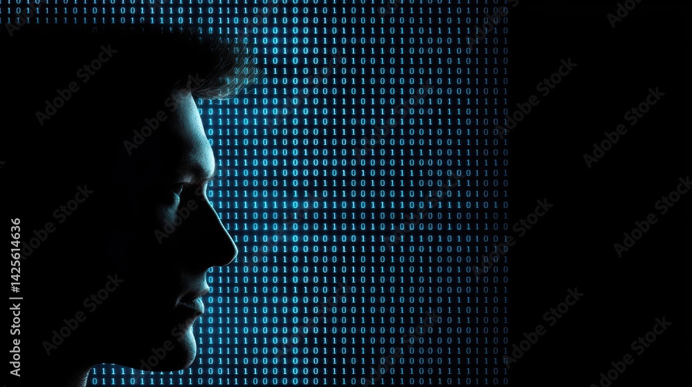 Poster profile silhouette against binary code background in dark space
