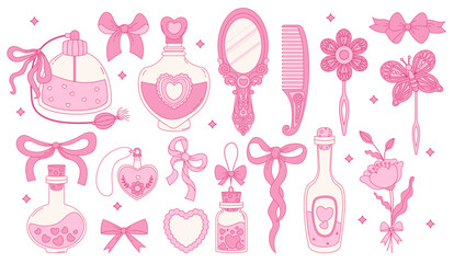 Vintage Pink Coquette Beauty set. Magic Elixir, Bottle Perfume, Ribbon Bow, Mirror, Comb, Flower, Pendant, Heart and Hair Clip. Romantic Girly Vibe. Vector Isolated Trendy Aesthetic Element Accessory