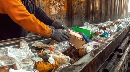 Waste sorting plant. Workers sort the garbage on the conveyor. Waste disposal and recycling.Many different conveyors and bunkers. 
