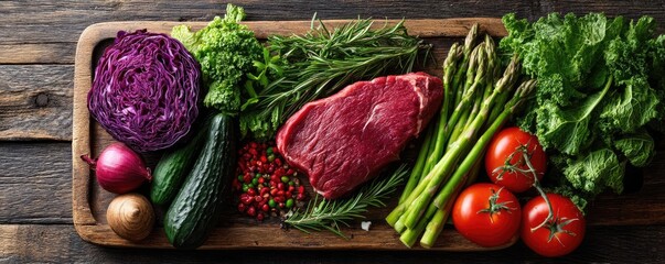 Panorama of fresh pet food featuring fresh beef fodder concept. Fresh ingredients including meat and vegetables on a wooden board.