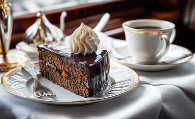 Chocolate Torte Slice with Cream Dollop and Coffee Setting