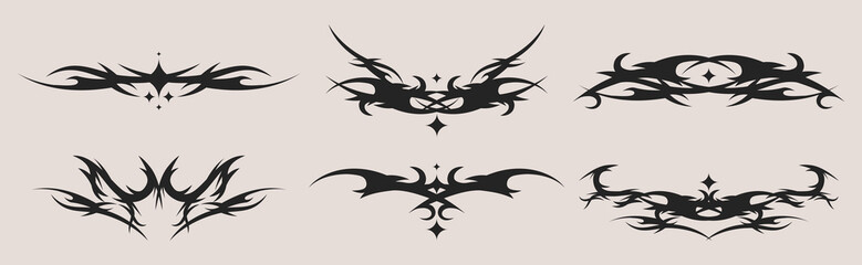Neo tribal tattoo set - black symmetric decorative ethnic graphic elements collection. Stylized thorny patterns, swirling pointed shapes, ornamental abstracted designs for body art inspiration.