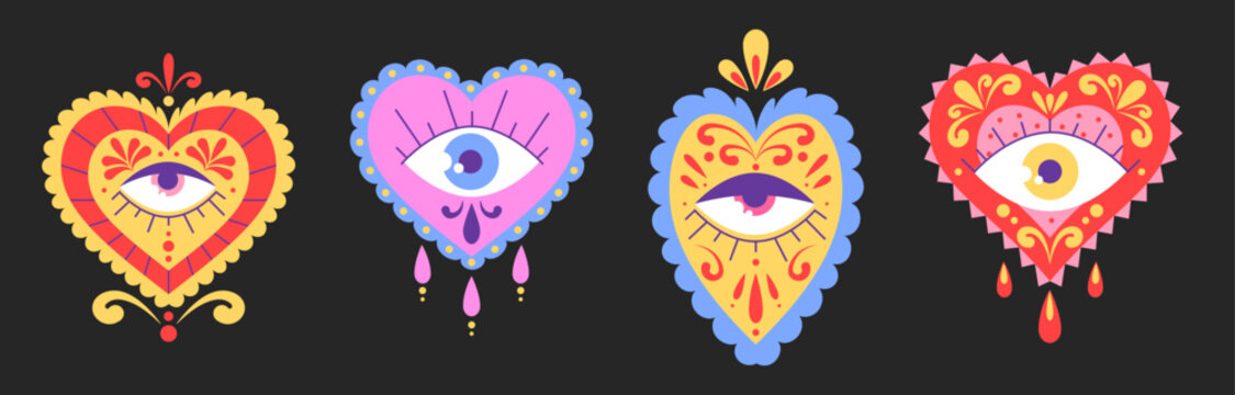 Mexican sacred hearts set with open eye symbol - colorful yellow, pink and red love symbol shapes decorated by ornate floral patterns. Mystical vector design elements for spiritual projects.