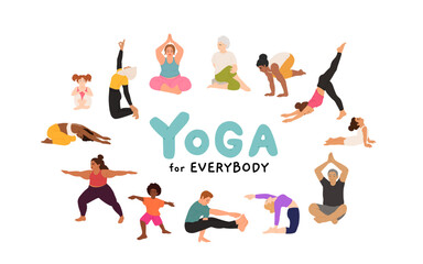 People doing yoga flat vector illustrations set. Male and female cartoon characters exercising. Diverse Men and women practicing Asana. Senior yoga. Physical activity, workout