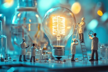 Miniature scientists assembling a massive glowing lightbulb. innovation , creative ideas, scientific discovery, teamwork, research concept.  selective focus 