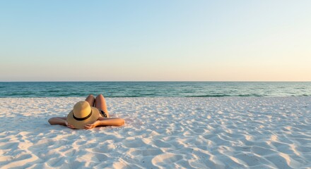 Woman sunbathing alone on quiet white beach