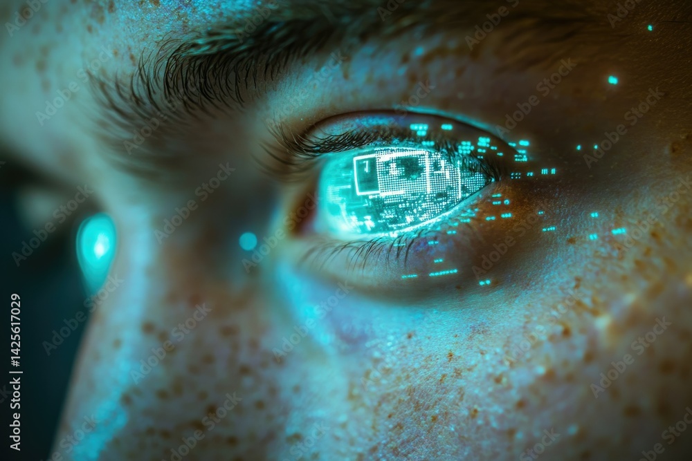 Leinwandbilder a close-up of an eye with digital data overlaid, symbolizing technological integration.