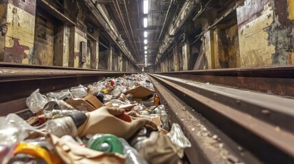 Waste sorting plant. Workers sort the garbage on the conveyor. Waste disposal and recycling.Many different conveyors and bunkers. 