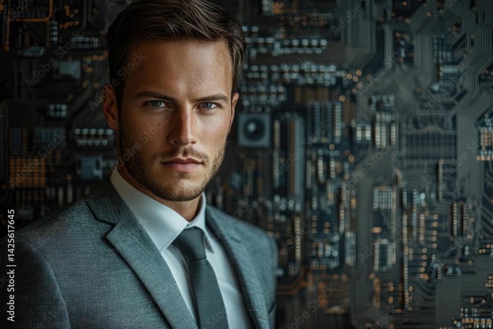 Poster A sophisticated businessman stands before a complex circuit board, symbolizing technology and ambition.