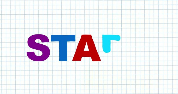START letters big forming cartoon animation on grid horizontal. Crazy doodle motion design style single letters exercise book light grid. Good for intro background.