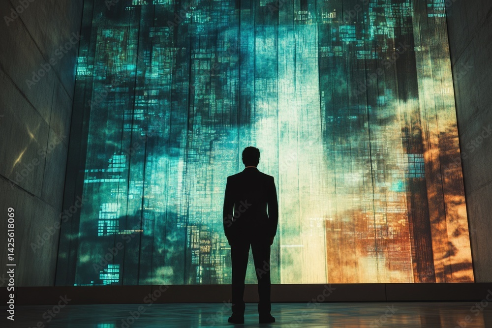 Poster A silhouetted businessman stands before a large screen displaying a dynamic, abstract representation of data streams and digital information.