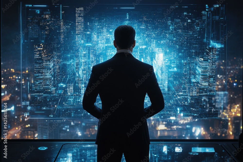 Poster a businessman stands before a large screen displaying a futuristic cityscape, visualizing technologi