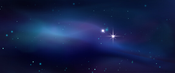 Obraz premium Deep space background - dark blue starry sky with glowing nebula clouds, bright planet shining among twinkling stars. Majestic galaxy view, infinite cosmos scenery. Astronomical vector backdrop.