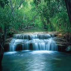 Serene Waterfall cascading through lush green jungle