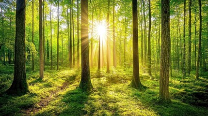 Obraz premium Sunbeams Dancing Through a Lush Green Forest