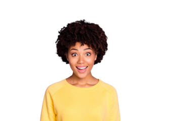 Photo of trendy cheerful funny rejoicing girl seeing her favorite shopping mall starting sales smiling toothily isolated over purple pastel color background