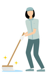 Simple illustration of a worker woman in a hat wiping down with a mop
