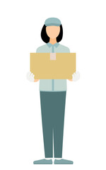 Simple illustration of a worker woman in a cap holding a cardboard box