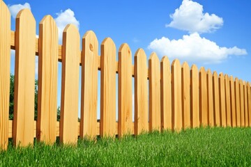 Fototapeta premium Wooden fence, green grass, sunny day
