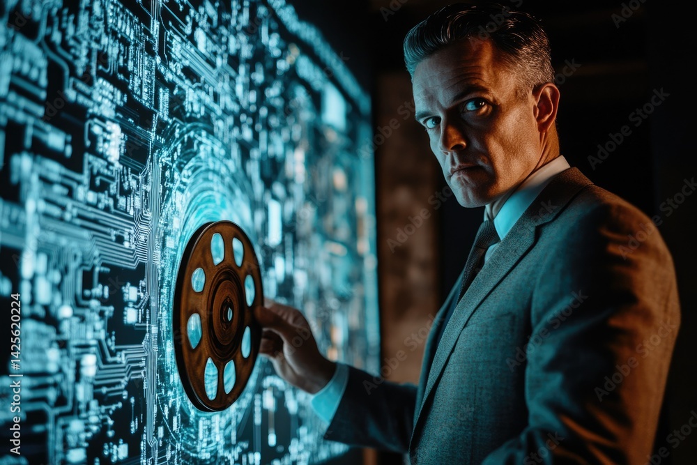 Poster a man in a suit examines a film reel against a backdrop of a digital circuit board, suggesting data 
