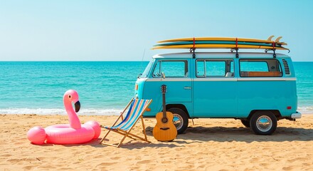 A classic van parked on a sandy beach, with a flamingo float and a guitar. A perfect scene for summer and traveling.