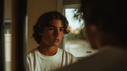 Fototapeta premium A teenager looking in a mirror, questioning identity and self-concept through social reflection, symbolic layers of thoughts,