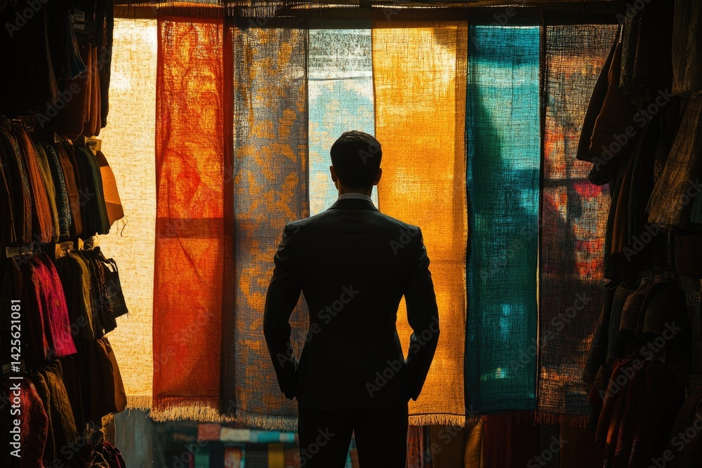 Poster a man in a suit stands before a vibrant display of colorful textiles, contemplating his choices.