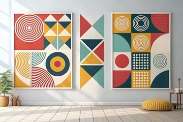Abstract Geometric Wall Decor with Orange Black White and Red Shapes