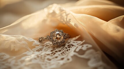 Obraz premium A vintage diamond brooch placed on a lace fabric, evoking a sense of antique style,