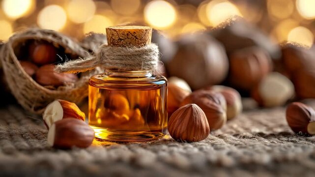 A bottle of oil is on a table with nuts. The bottle is half full and the nuts are scattered around it