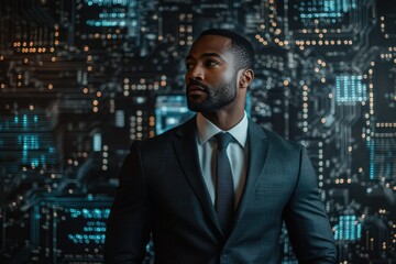 Fototapeta premium A confident businessman stands before a futuristic digital background, symbolizing technological leadership and innovation.
