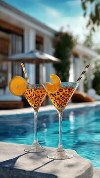 Two elegant martini glasses with leopard-pattern cocktails, garnished with orange slices, stand poolside in a luxurious tropical resort setting. Concept summer vacation and relaxation. Vertical video