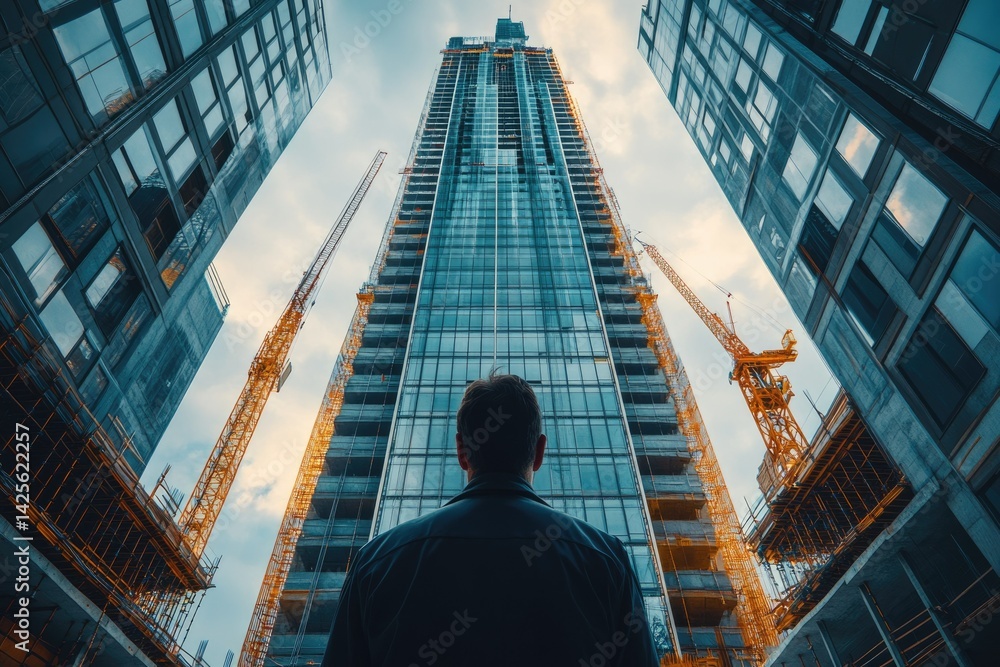 Poster a man stands in awe before a towering skyscraper under construction, surrounded by cranes and other 