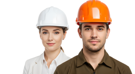 Woman engineer architect with male manual workers in hardhat colleague looks forward, transparent background. Team construction industry professional at work building project
