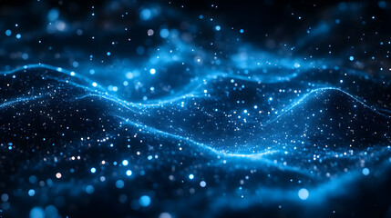 Abstract Blue Wavy Background with Glowing Particles