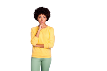 Portrait of her she nice attractive charming lovely doubtful creative wavy-haired girl thinking brainstorming isolated over violet purple lilac pastel color background