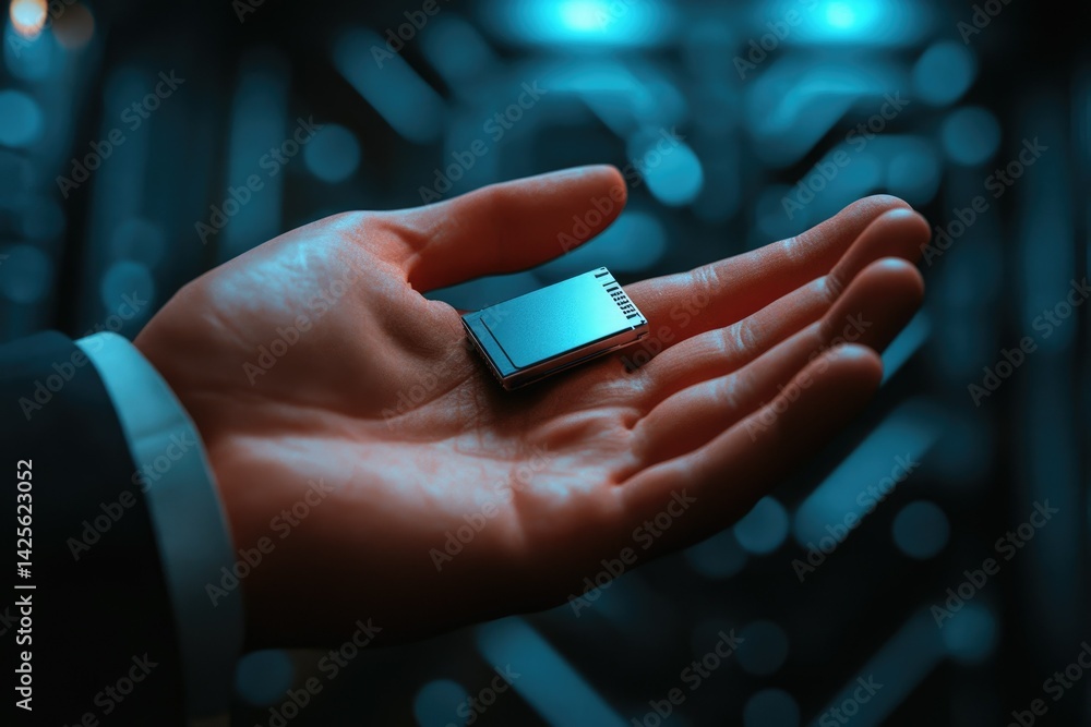 Poster A hand holds a small, advanced technological component, symbolizing innovation and progress in the digital age.