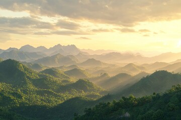Fototapeta premium A beautiful view of green mountains and sky in Thailand, during the golden hour, with trees and tea plantations. Photorealistic, high-resolution. 