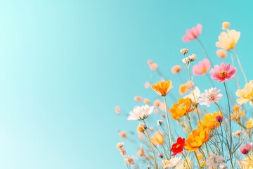 Colorful wildflowers bloom under clear blue sky in bright natural light