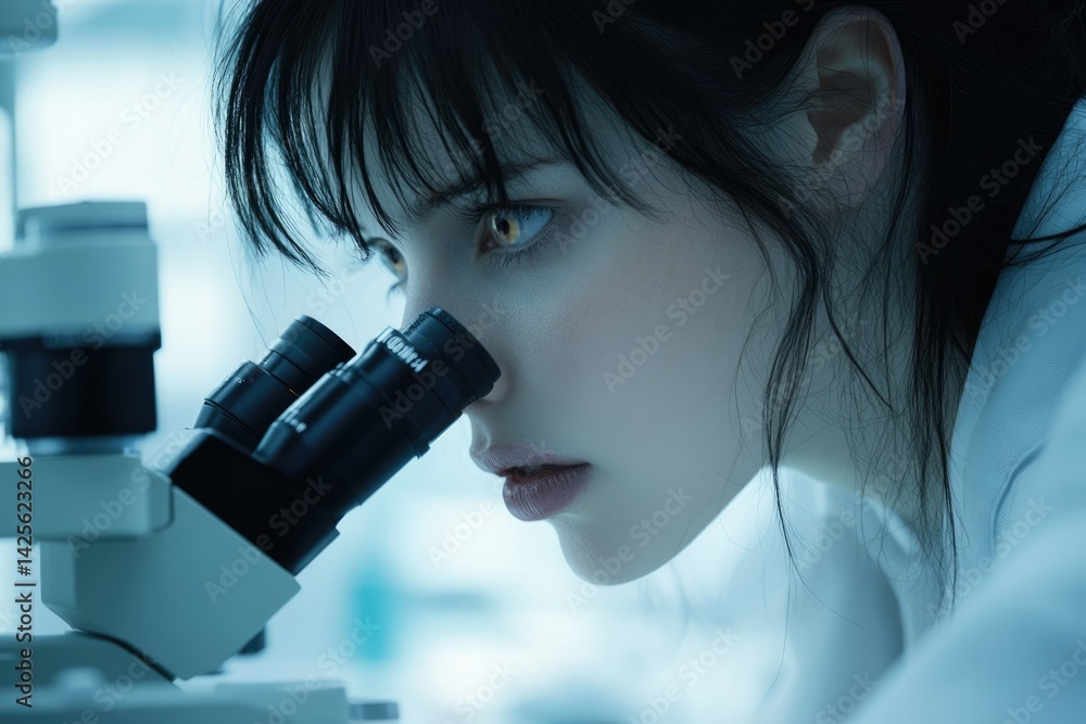 Leinwandbilder a young female scientist intensely examines a sample through a high-powered microscope in a lab sett