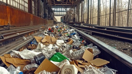 Waste sorting plant. Workers sort the garbage on the conveyor. Waste disposal and recycling.Many different conveyors and bunkers. 