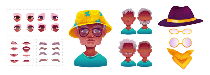 Grandfather face constructor kit. Cartoon elderly man character creation set with facial features - eyes and lips, hair and accessories. Elements to build custom grandpa avatar with different emotion.