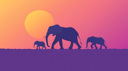 Fototapeta premium Elephant Family Sunset Silhouette. (1)