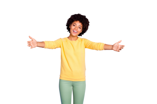 Photo of wavy curly trendy pretty sweet charming millennial inviting you to embrace her smiling toothily wearing green pants trousers isolated over purple pastel color background