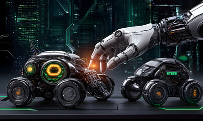 Robotic Hand Interacting with Futuristic Vehicles in a Cyberpunk City at Night