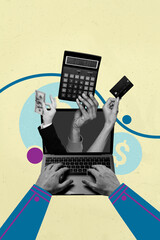 Pop template collage of object netbook having bank card money isolated on yellow background with coin symbol
