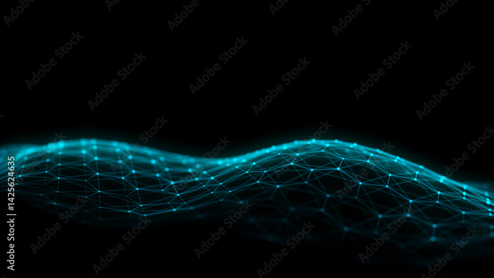 Poster abstract futuristic hexagon wave with moving dots. flow of particles. technology illustration. 3d re