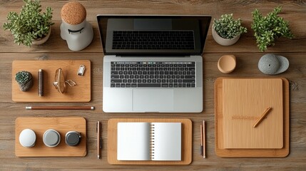 Minimalist workspace setup laptop notebook wooden accessories organized desk